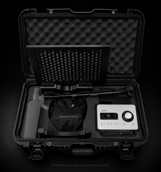 An open black hard carrying case displaying a microphone, set against a solid black background.
