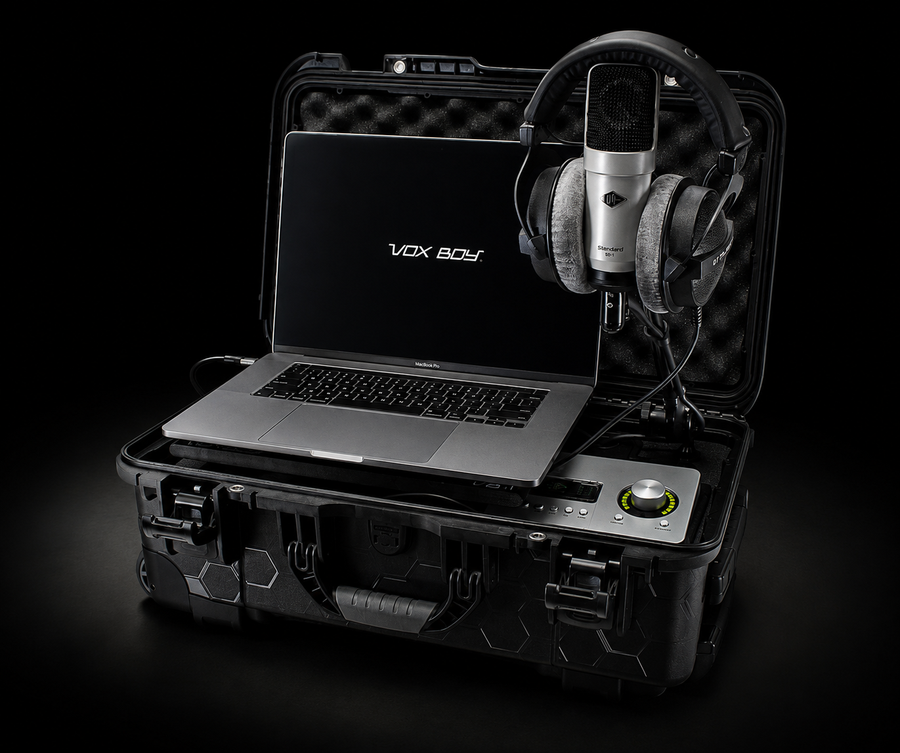 A Vox Boy portable audio device set inside an open black hard case, featuring a silver laptop, over-ear headphones, a silver condenser microphone, and a control module on a black background.