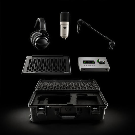 Exploded view of the VB1 Pro kit: SC-1 microphone, DT 770 PRO headphones, boom arm, Apollo Solo interface and Hexium tray layers above the Nanuk case