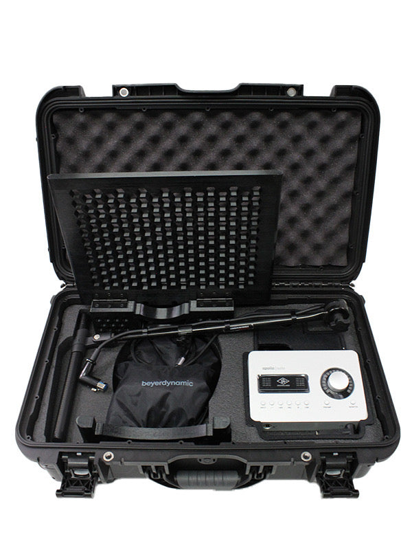 VB1 Pro Shotgun Ready case open, showing the Apollo Solo interface, calibrated cabling and the foam channel cut for a shotgun microphone