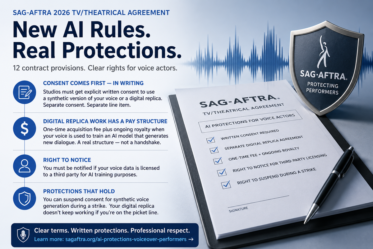 Voice actor understanding SAG-AFTRA AI rights and digital replica protections 2026