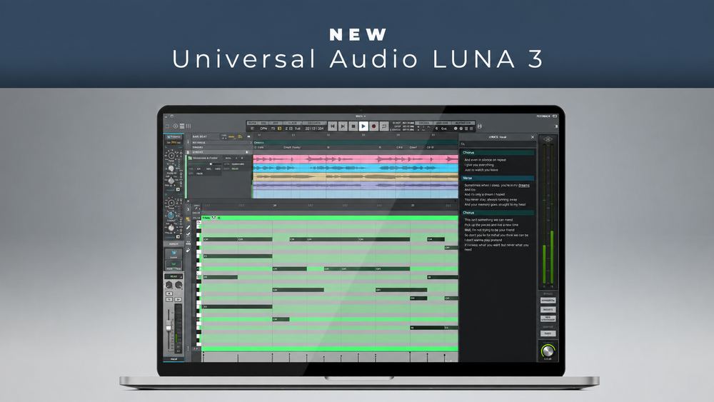 Universal Audio LUNA 3 recording and editing software shown on a laptop