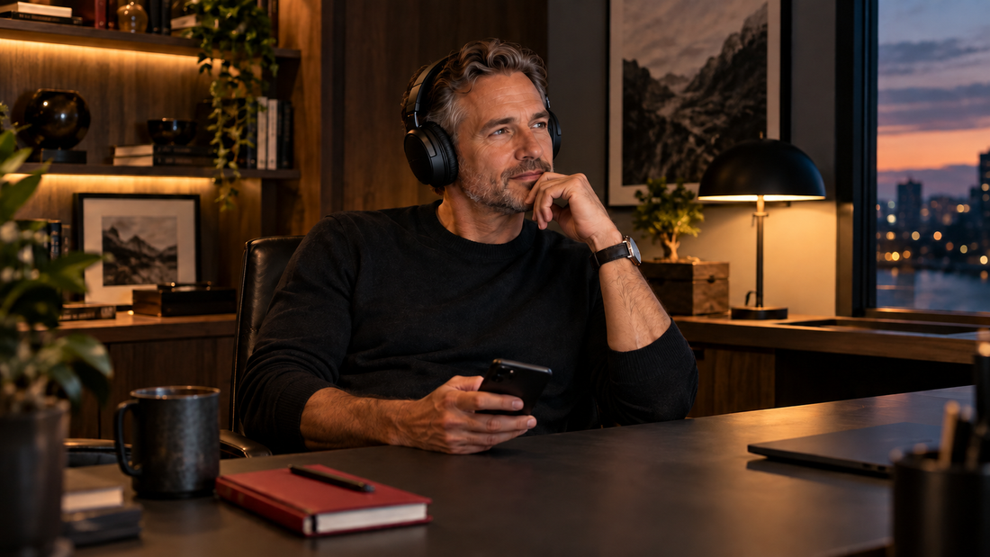 Middle-aged podcast listener wearing headphones in a home office