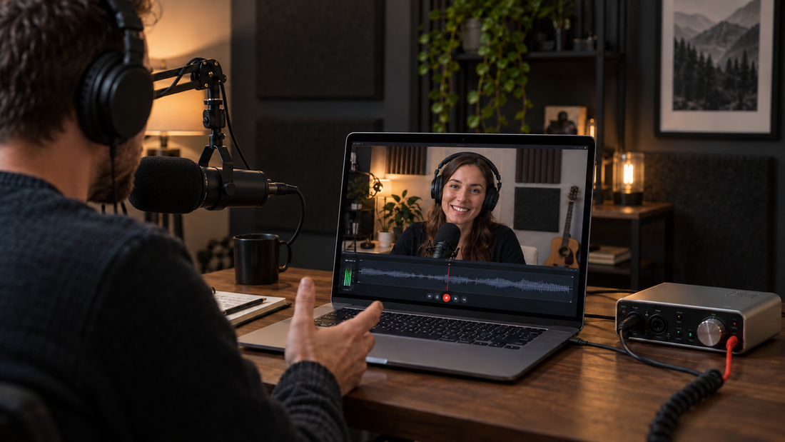 Podcast host recording a remote interview with a guest on a laptop