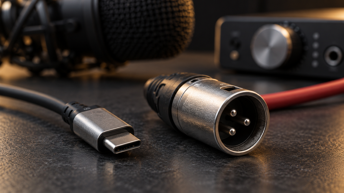 USB-C and three-pin XLR cable connectors beside studio recording equipment