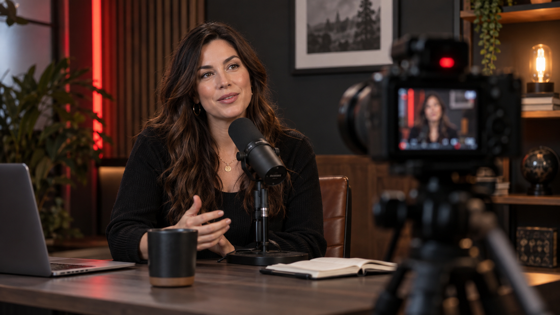 Video camera recording a podcast host speaking into a broadcast microphone