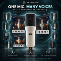 Universal Audio SC-1 Standard 10.1 studio microphone centered on a dark teal promotional graphic with multiple smaller microphone and software interface thumbnails around it.