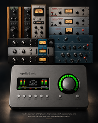 Apollo Solo audio plugin package shown as a collection of vintage-style audio effect and virtual instrument modules arranged on a dark background, with the Apollo Solo control panel prominently featured in the foreground.