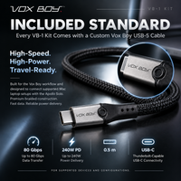 Vox Boy USB-C cable shown in a promotional product graphic with text reading 'INCLUDED STANDARD' and feature callouts for high speed, high power, travel-ready construction, 80 Gbps data transfer, 240W power delivery, 0.5 m length, and USB-C compatibility.