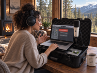 A woman wearing over-ear headphones sits at a wooden table in a cozy cabin, using a laptop connected to a portable recording setup with an open black case, a microphone, and a digital audio workstation. A fireplace, mountain view, and a mug are visible in the background.