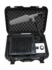 Shotgun microphone seated in the VB1 Pro Shotgun Ready foam cavity beside the Apollo Solo interface
