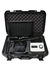 VB1 Pro Shotgun Ready case open, showing the Apollo Solo interface, calibrated cabling and the foam channel cut for a shotgun microphone