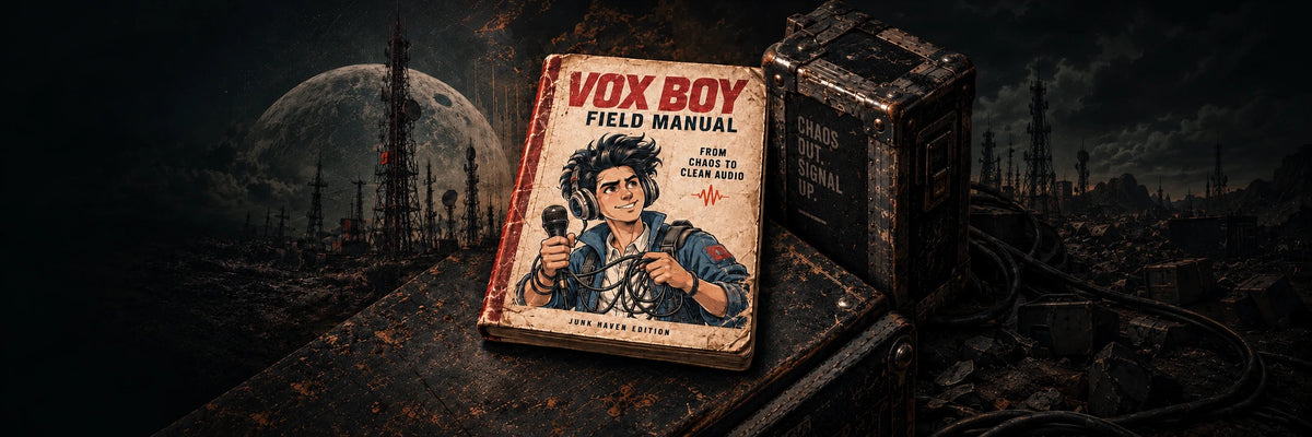 Vox Boy Field Manual, Junk Haven Edition, with the Vox Boy character and a case marked Chaos Out. Signal Up.