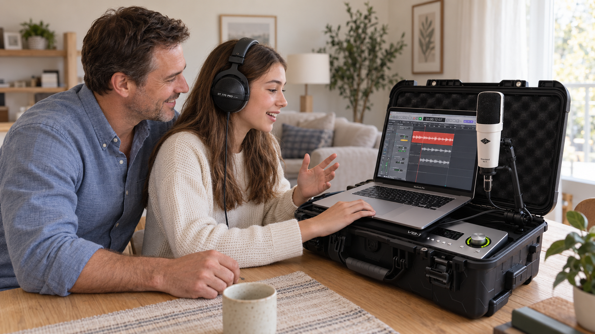 Illustrative father and teenage daughter recording together with a Vox Boy studio at home